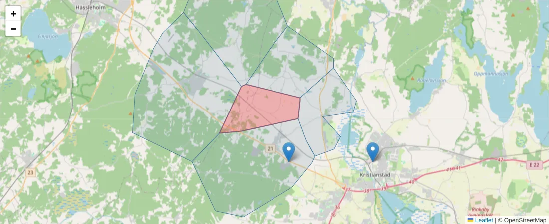 Karta över postnummerområdet  och angränsande postnummer i Sverige
