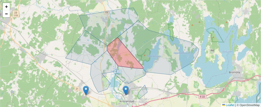 Karta över postnummerområdet  och angränsande postnummer i Sverige