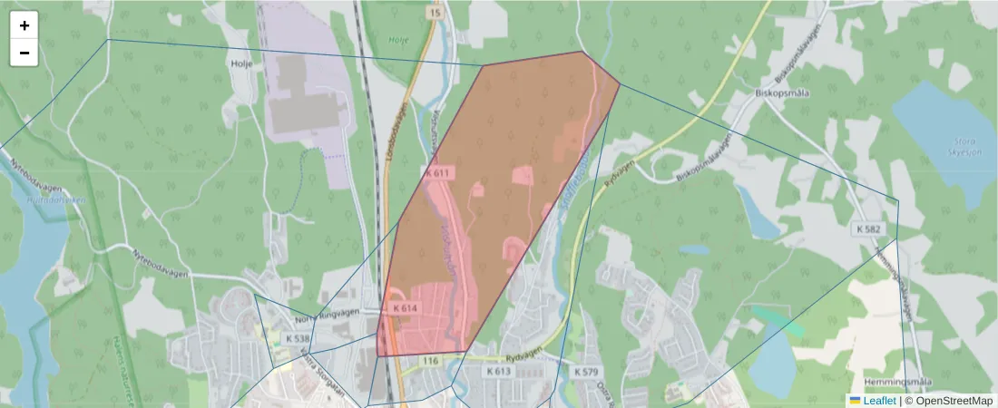 Karta över postnummerområdet  och angränsande postnummer i Sverige