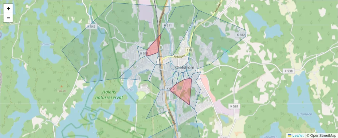 Karta över postnummerområdet  och angränsande postnummer i Sverige
