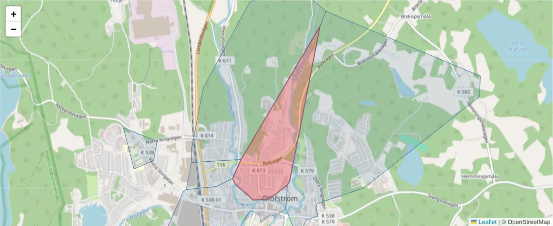 Karta över postnummerområdet  och angränsande postnummer i Sverige