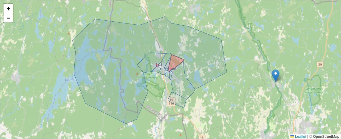 Karta över postnummerområdet  och angränsande postnummer i Sverige