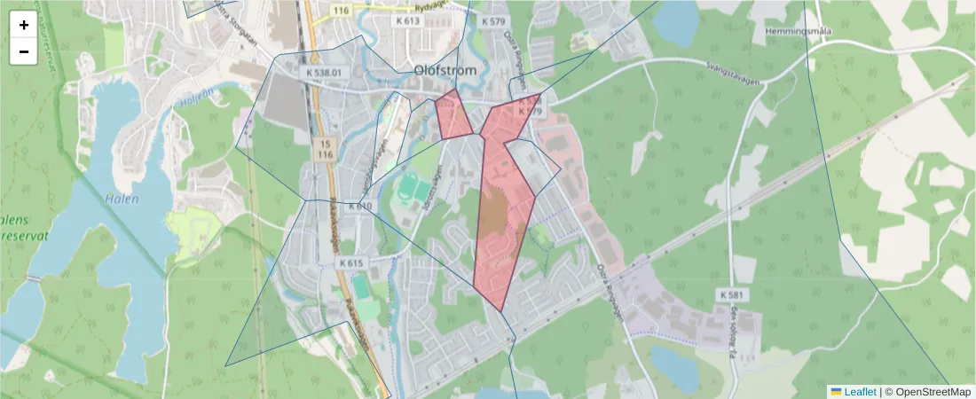 Karta över postnummerområdet  och angränsande postnummer i Sverige