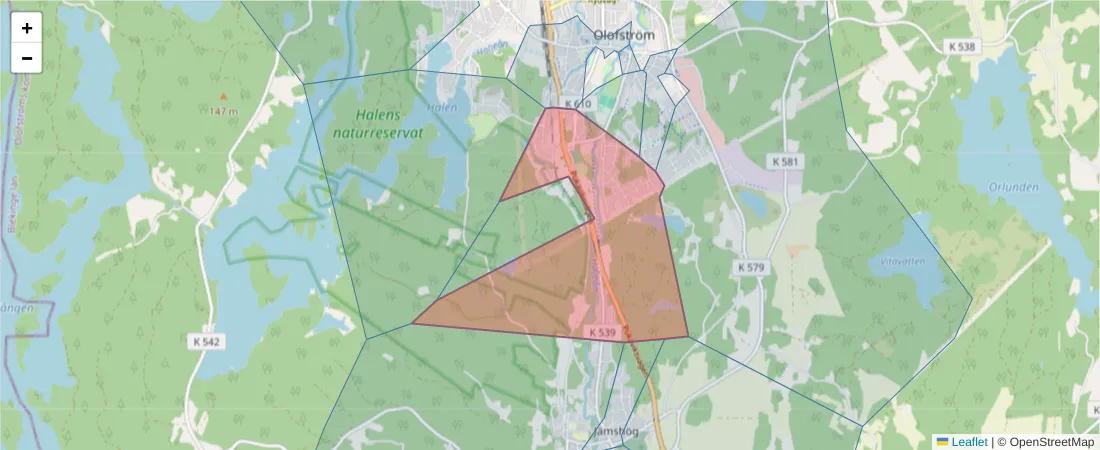 Karta över postnummerområdet  och angränsande postnummer i Sverige