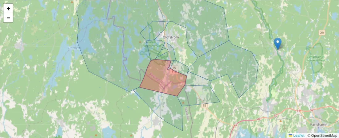 Karta över postnummerområdet  och angränsande postnummer i Sverige