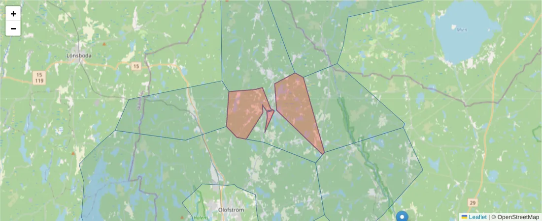 Karta över postnummerområdet  och angränsande postnummer i Sverige