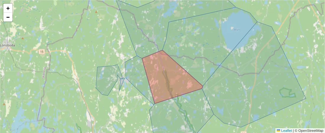 Karta över postnummerområdet  och angränsande postnummer i Sverige