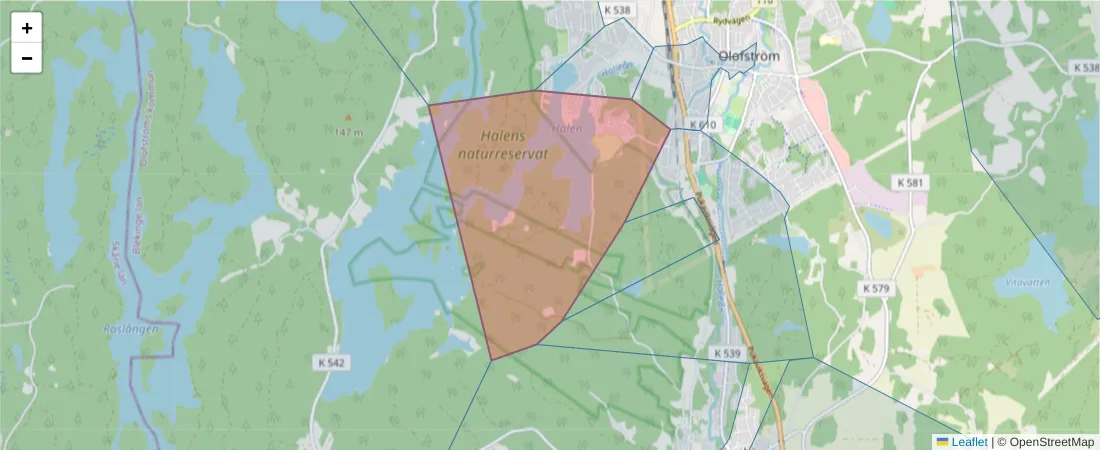 Karta över postnummerområdet  och angränsande postnummer i Sverige