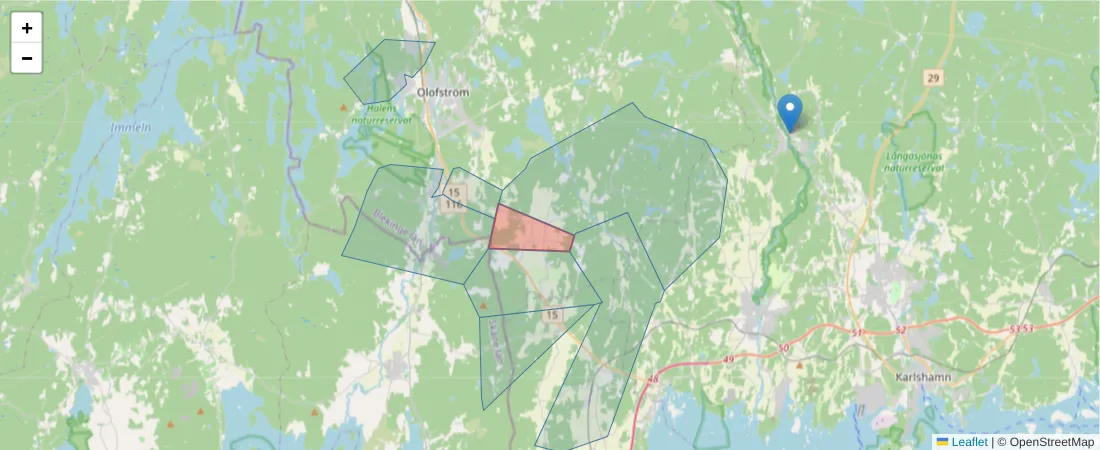 Karta över postnummerområdet  och angränsande postnummer i Sverige