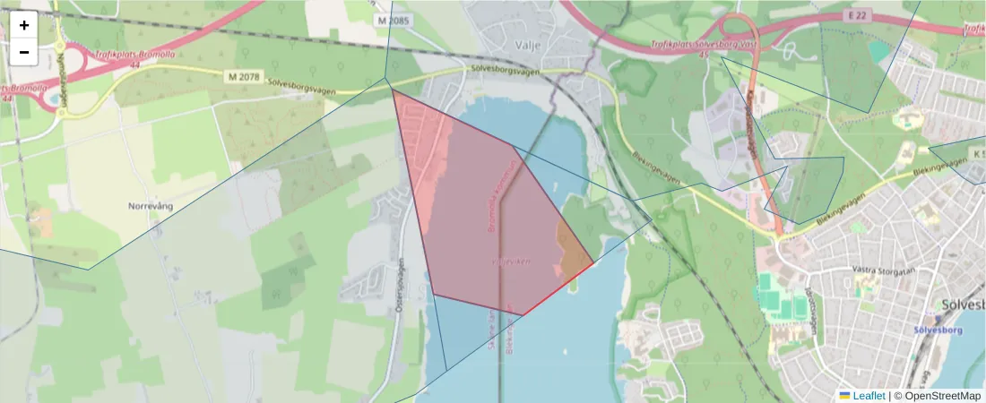Karta över postnummerområdet  och angränsande postnummer i Sverige