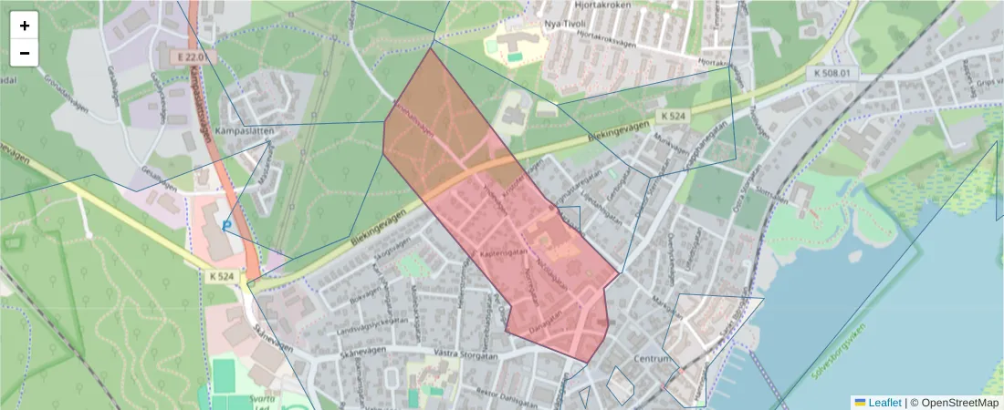 Karta över postnummerområdet  och angränsande postnummer i Sverige
