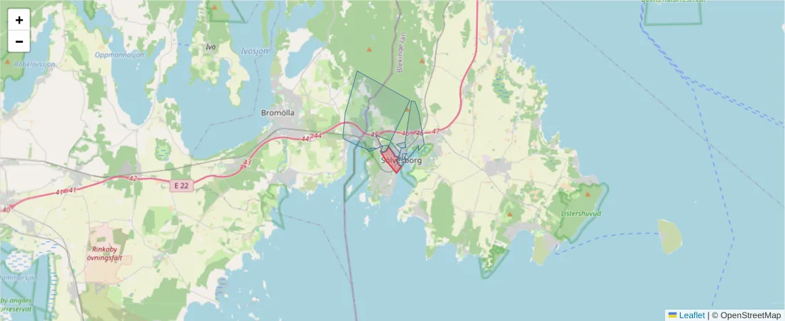 Karta över postnummerområdet  och angränsande postnummer i Sverige