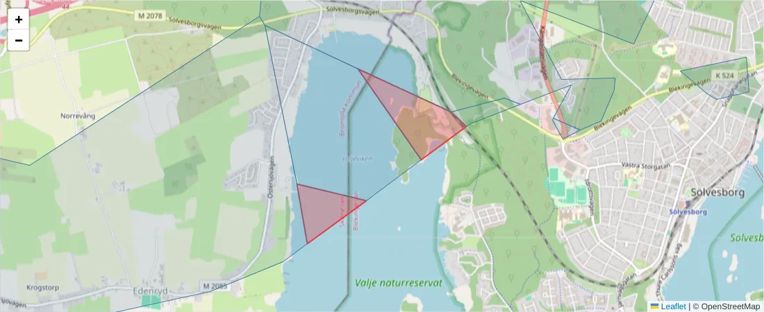 Karta över postnummerområdet  och angränsande postnummer i Sverige