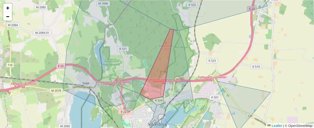 Karta över postnummerområdet  och angränsande postnummer i Sverige