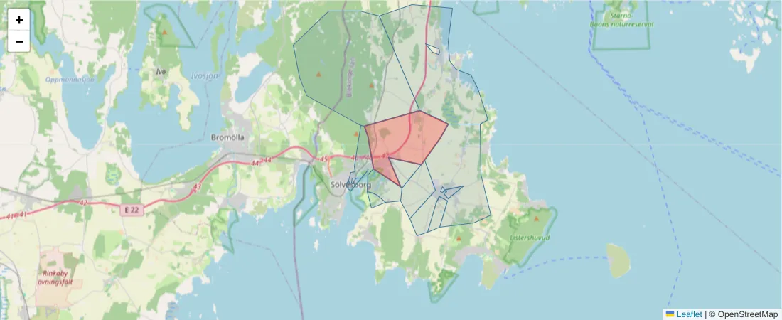 Karta över postnummerområdet  och angränsande postnummer i Sverige