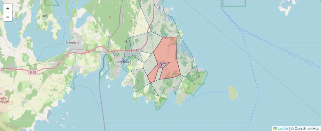 Karta över postnummerområdet  och angränsande postnummer i Sverige