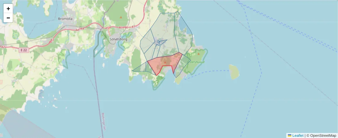 Karta över postnummerområdet  och angränsande postnummer i Sverige