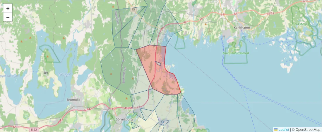 Karta över postnummerområdet  och angränsande postnummer i Sverige