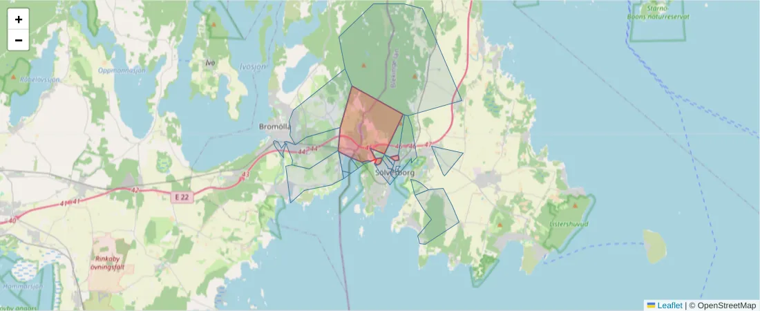 Karta över postnummerområdet  och angränsande postnummer i Sverige
