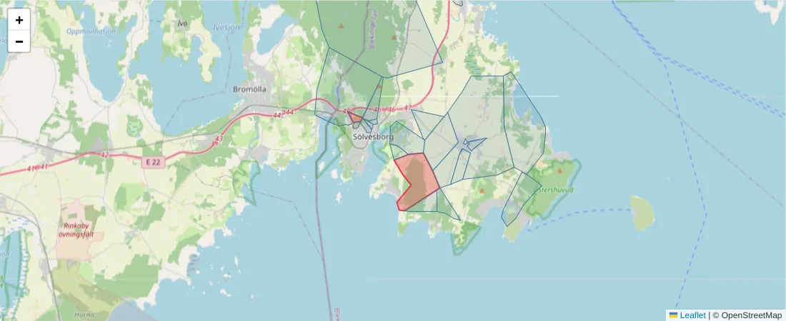 Karta över postnummerområdet  och angränsande postnummer i Sverige