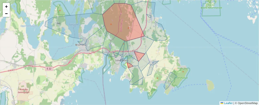 Karta över postnummerområdet  och angränsande postnummer i Sverige