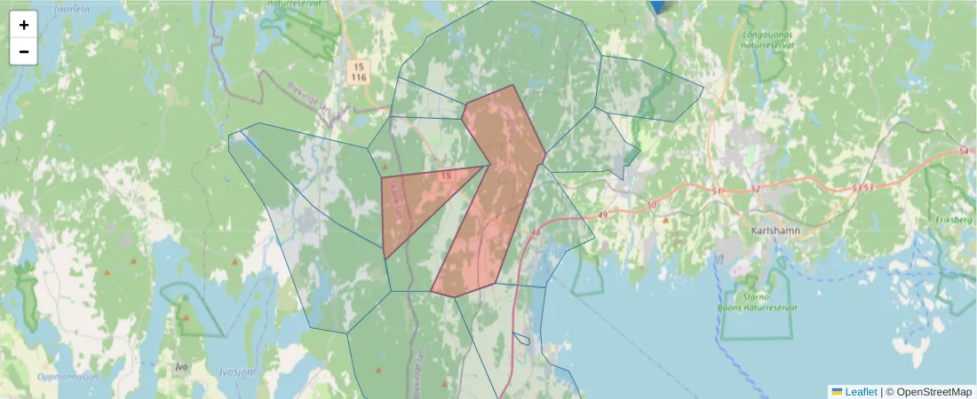 Karta över postnummerområdet  och angränsande postnummer i Sverige