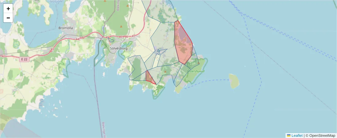 Karta över postnummerområdet  och angränsande postnummer i Sverige