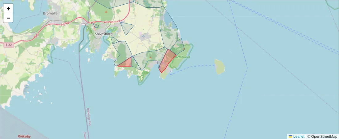 Karta över postnummerområdet  och angränsande postnummer i Sverige