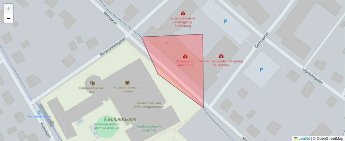 Karta över postnummerområdet  och angränsande postnummer i Sverige