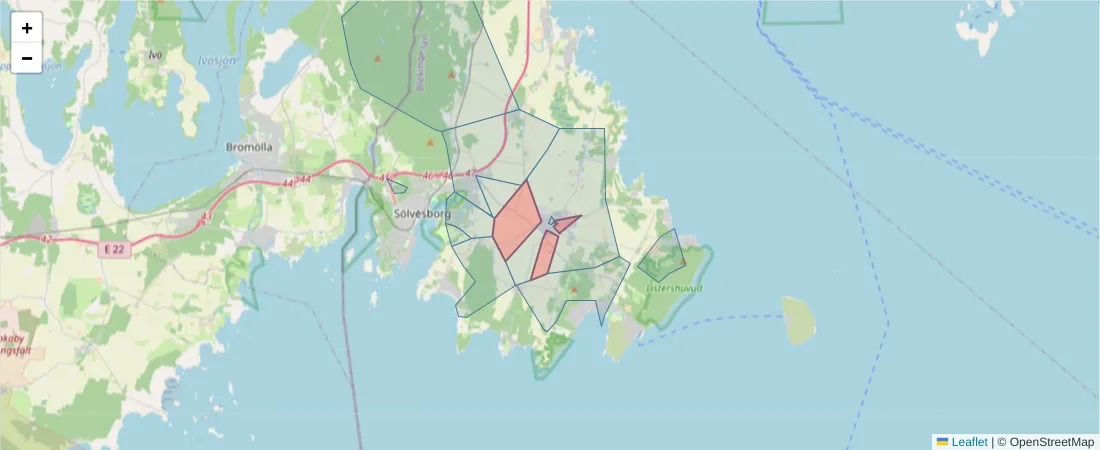 Karta över postnummerområdet  och angränsande postnummer i Sverige