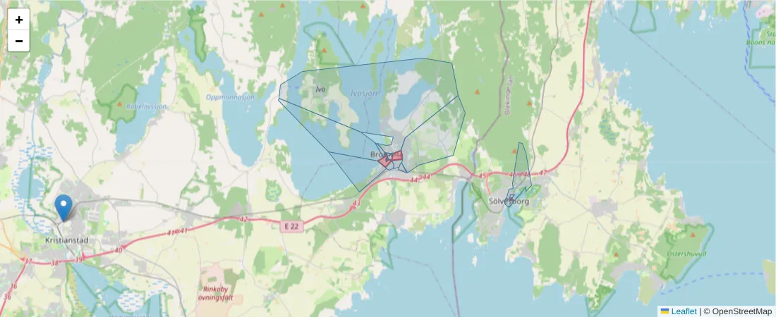 Karta över postnummerområdet  och angränsande postnummer i Sverige