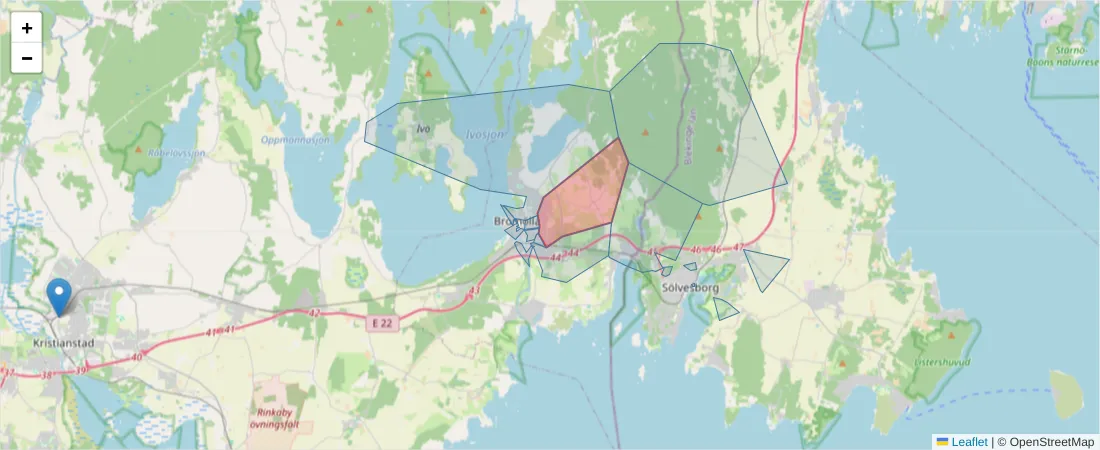Karta över postnummerområdet  och angränsande postnummer i Sverige