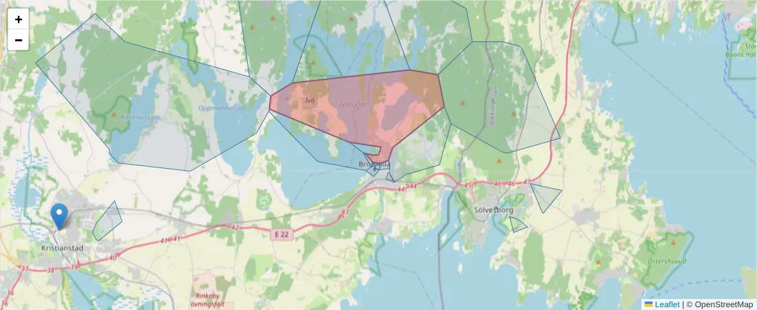 Karta över postnummerområdet  och angränsande postnummer i Sverige