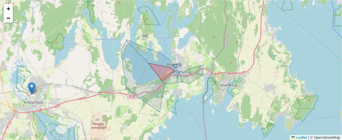 Karta över postnummerområdet  och angränsande postnummer i Sverige