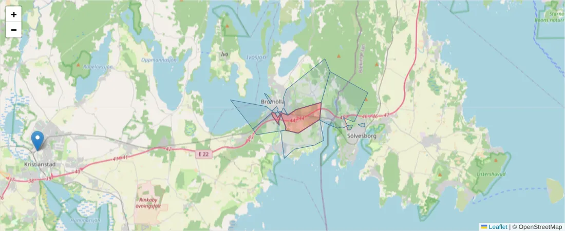 Karta över postnummerområdet  och angränsande postnummer i Sverige