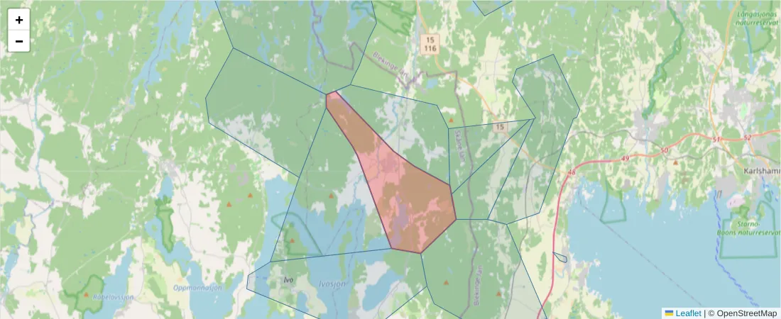 Karta över postnummerområdet  och angränsande postnummer i Sverige