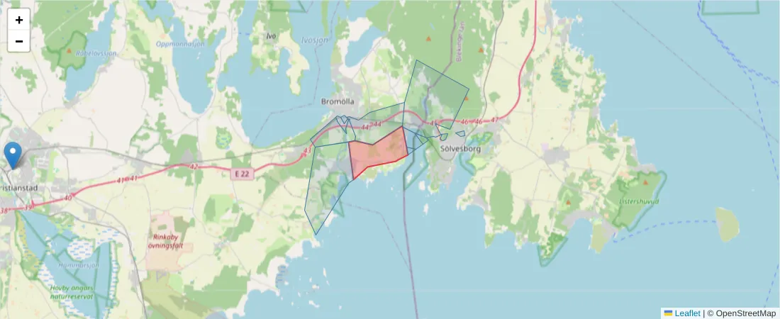 Karta över postnummerområdet  och angränsande postnummer i Sverige