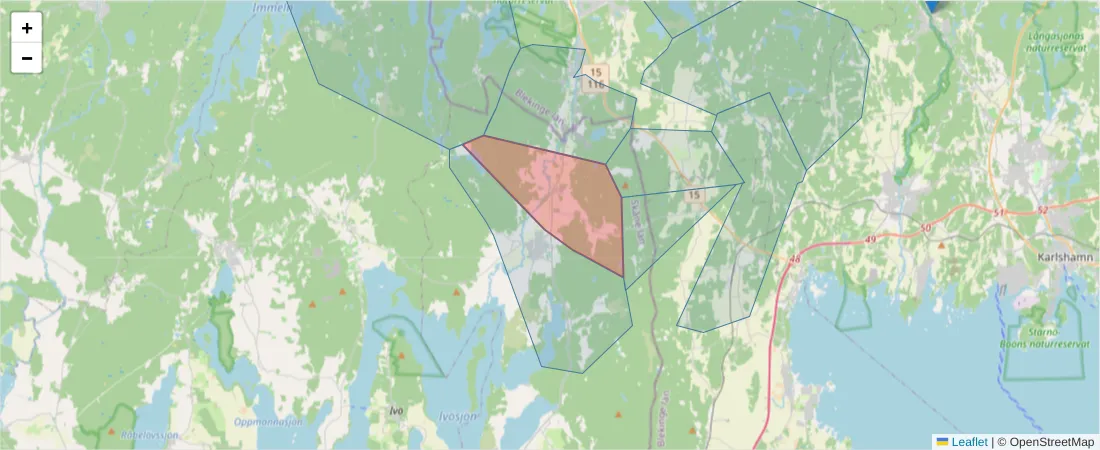 Karta över postnummerområdet  och angränsande postnummer i Sverige