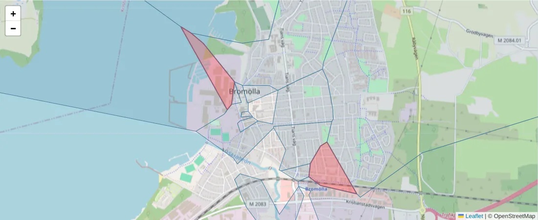 Karta över postnummerområdet  och angränsande postnummer i Sverige