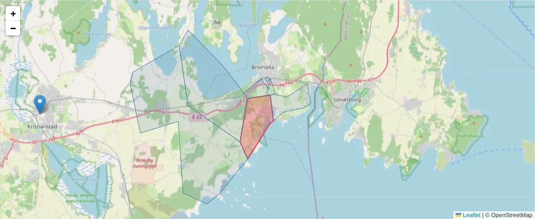 Karta över postnummerområdet  och angränsande postnummer i Sverige