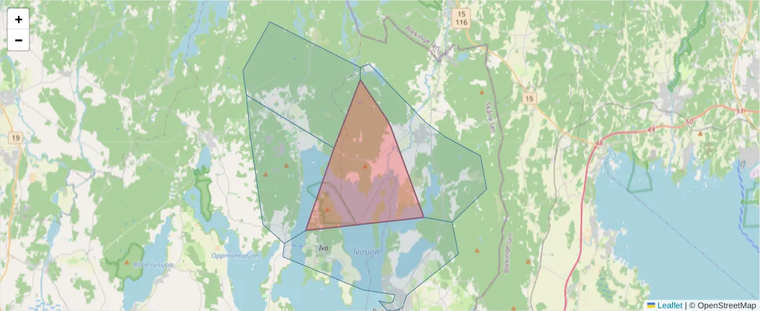Karta över postnummerområdet  och angränsande postnummer i Sverige
