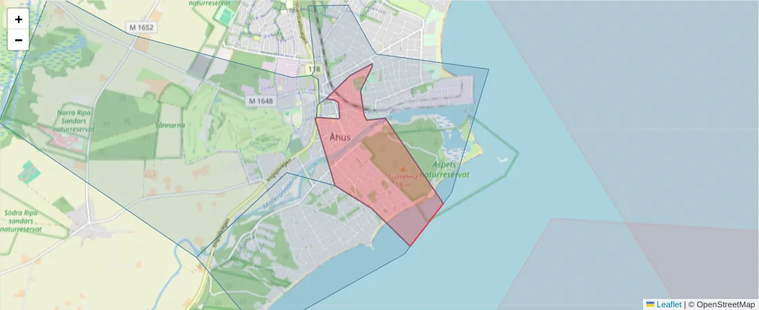 Karta över postnummerområdet  och angränsande postnummer i Sverige