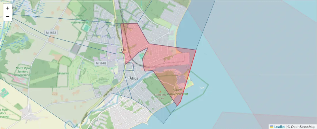 Karta över postnummerområdet  och angränsande postnummer i Sverige