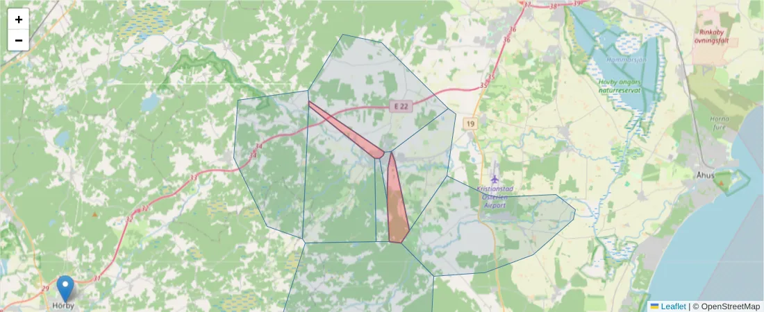 Karta över postnummerområdet  och angränsande postnummer i Sverige