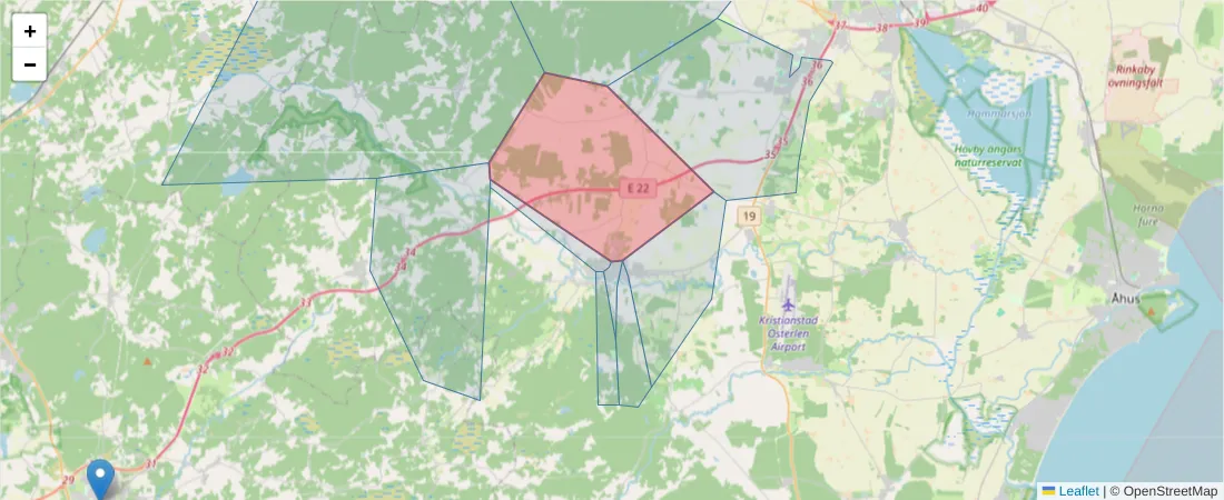 Karta över postnummerområdet  och angränsande postnummer i Sverige
