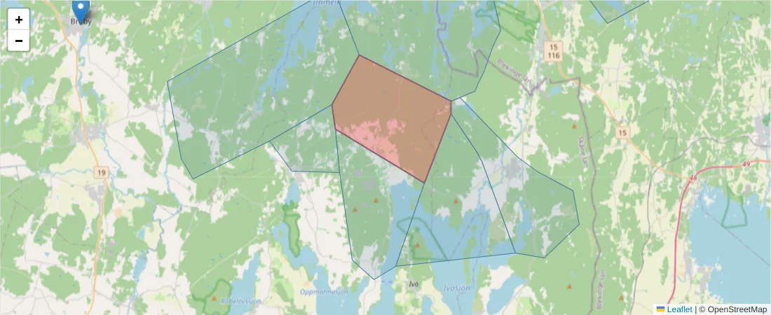 Karta över postnummerområdet  och angränsande postnummer i Sverige
