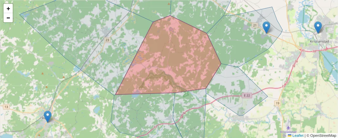 Karta över postnummerområdet  och angränsande postnummer i Sverige