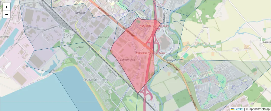 Karta över postnummerområdet  och angränsande postnummer i Sverige