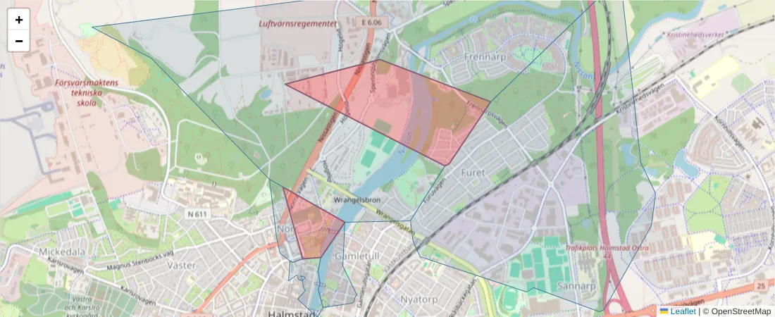 Karta över postnummerområdet  och angränsande postnummer i Sverige