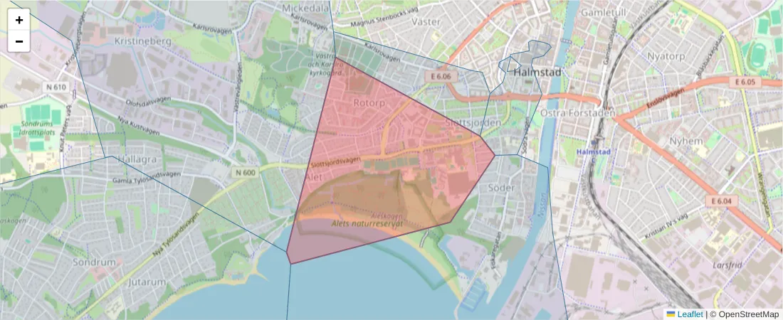 Karta över postnummerområdet  och angränsande postnummer i Sverige